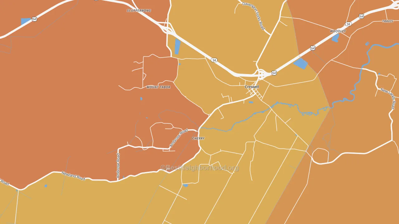 Map of the best neighborhoods in the 27928 area, with better matches in green and worse matches in red