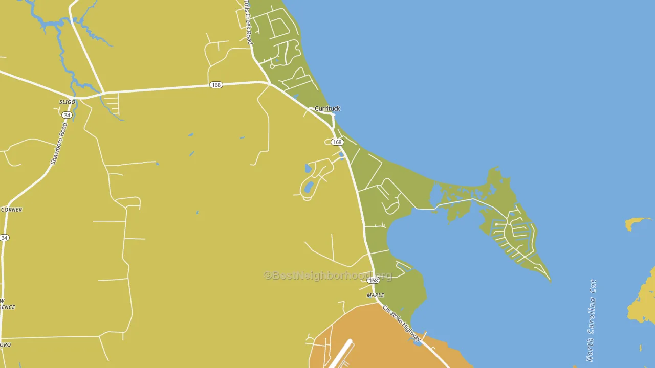 Map of the best neighborhoods in the 27929 area, with better matches in green and worse matches in red