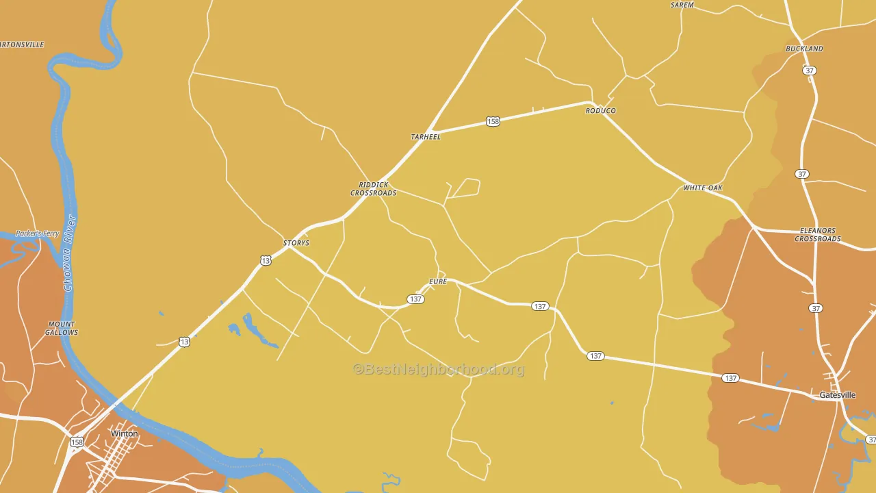 Map of the best neighborhoods in the 27935 area, with better matches in green and worse matches in red