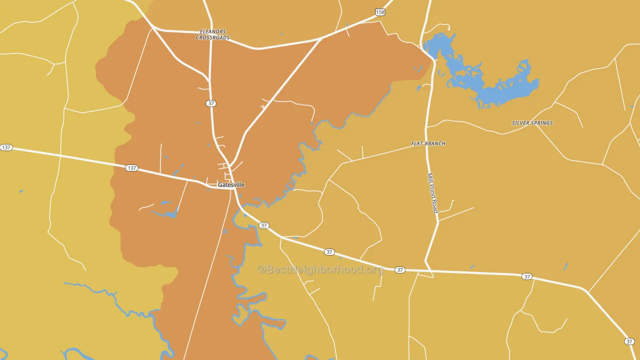 Map of the best neighborhoods in the 27938 area, with better matches in green and worse matches in red