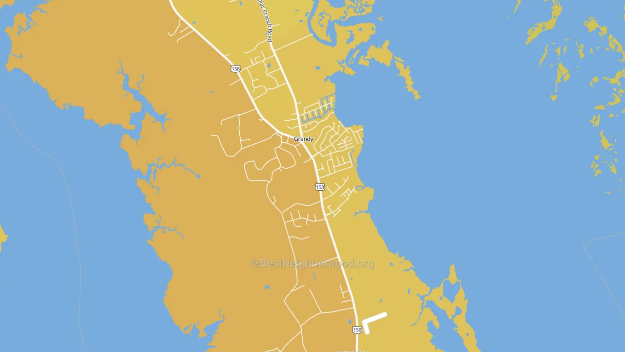 Map of the best neighborhoods in the 27939 area, with better matches in green and worse matches in red