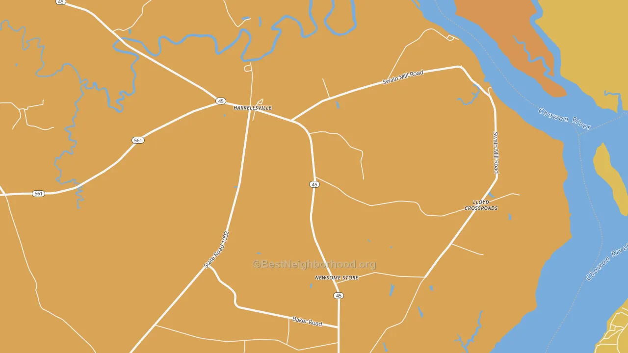 Map of the best neighborhoods in the 27942 area, with better matches in green and worse matches in red