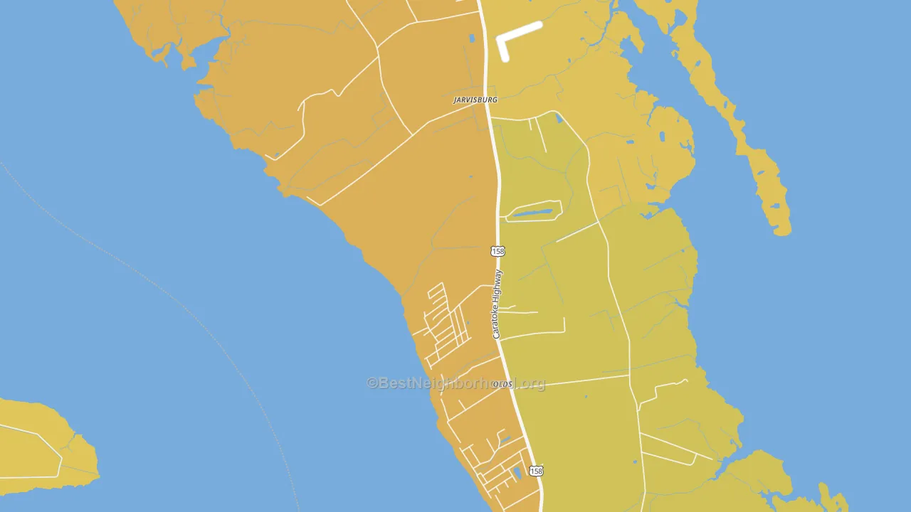 Map of the best neighborhoods in the 27947 area, with better matches in green and worse matches in red