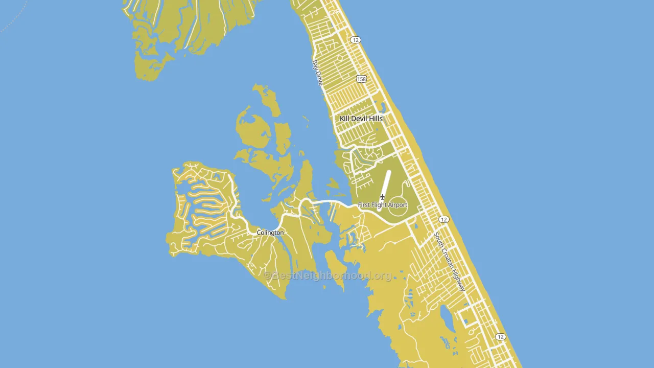 Map of the best neighborhoods in the 27948 area, with better matches in green and worse matches in red