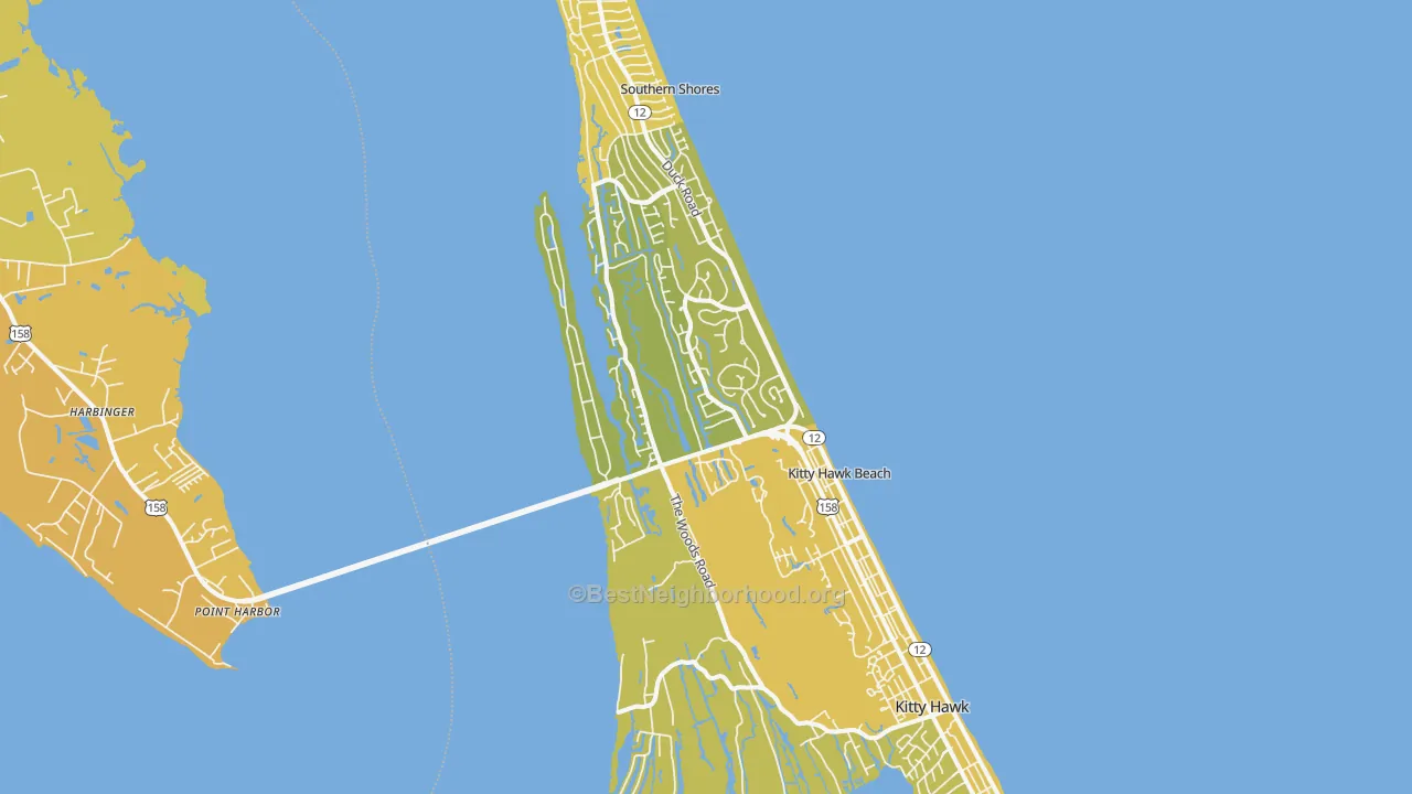 Map of the best neighborhoods in the 27949 area, with better matches in green and worse matches in red