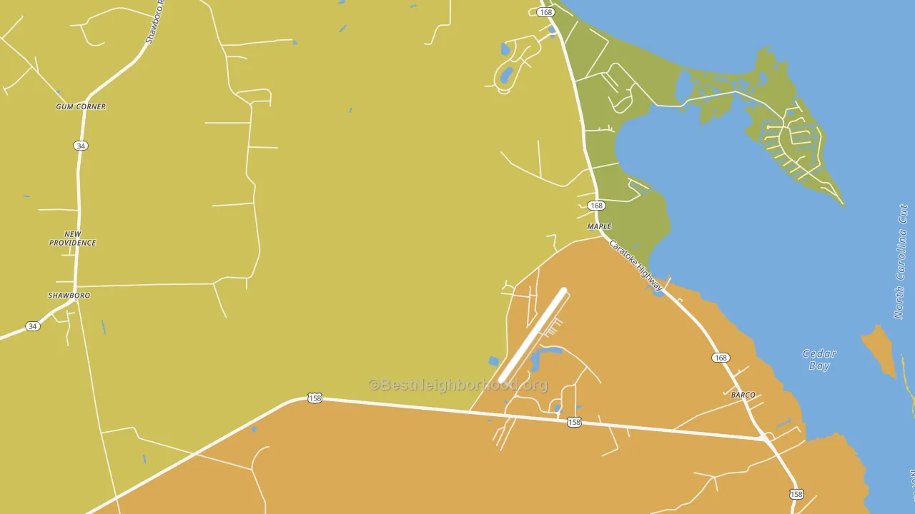 Map of the best neighborhoods in the 27956 area, with better matches in green and worse matches in red