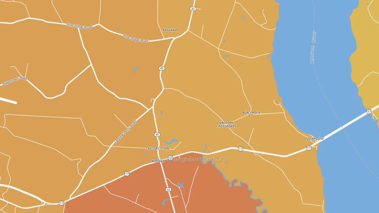 Map of the best neighborhoods in the 27957 area, with better matches in green and worse matches in red