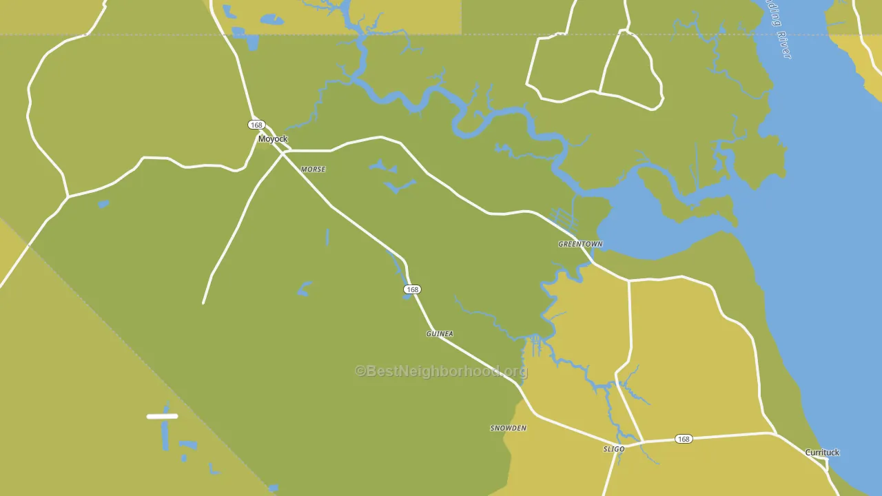 Map of the best neighborhoods in the 27958 area, with better matches in green and worse matches in red