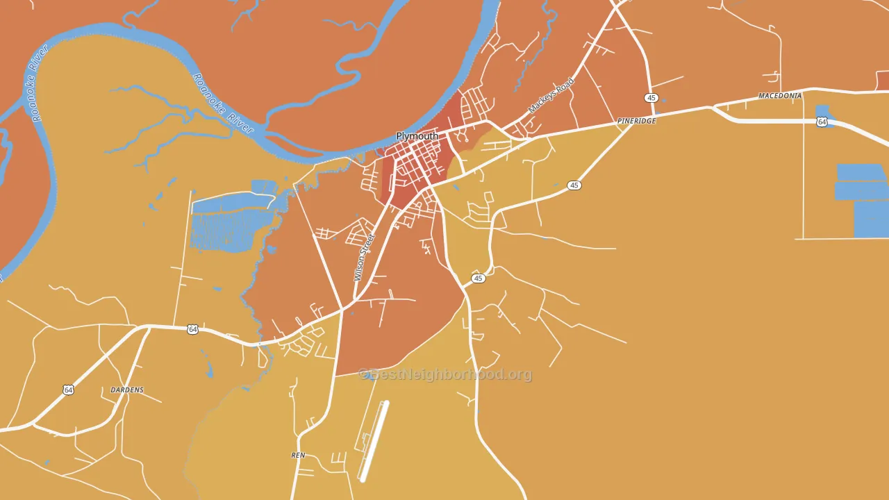 Map of the best neighborhoods in the 27962 area, with better matches in green and worse matches in red
