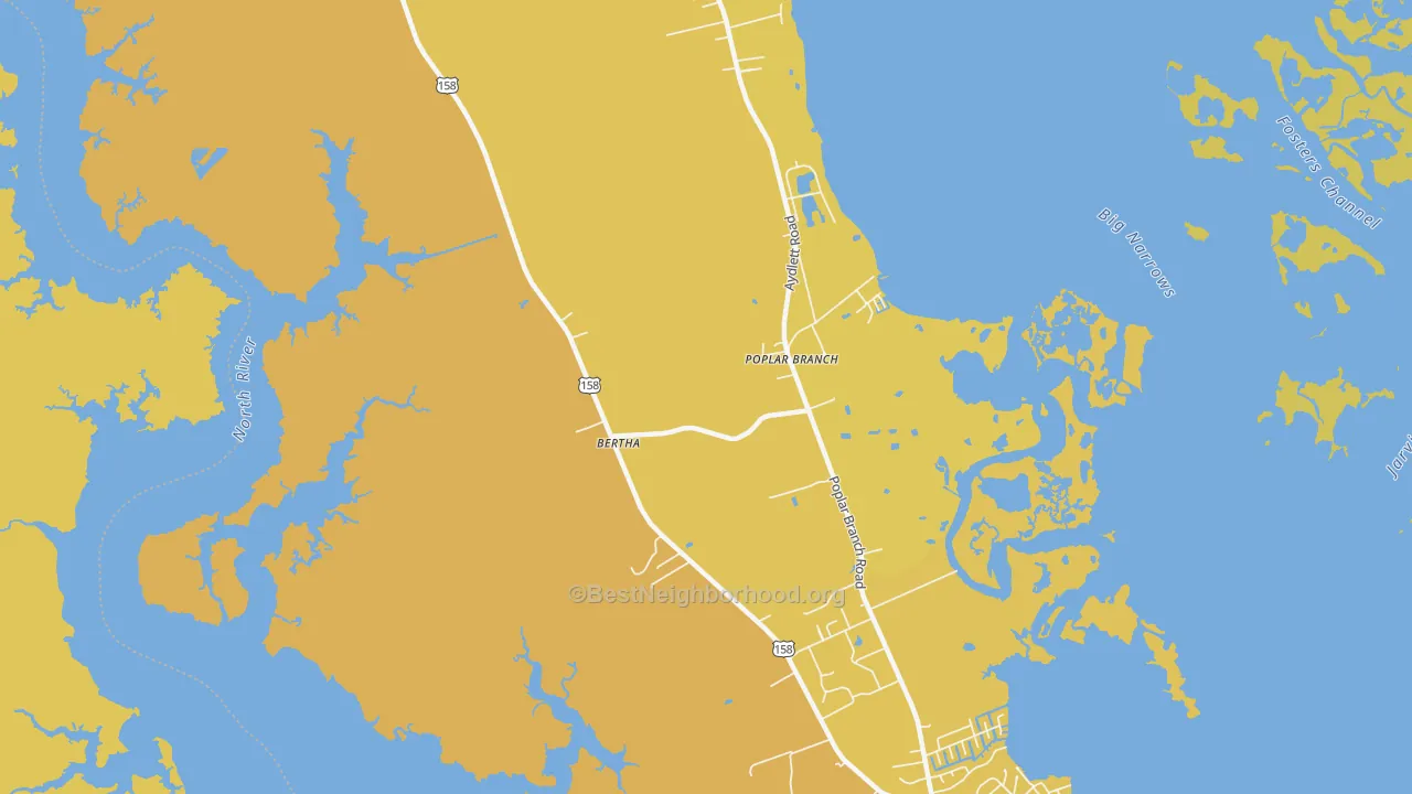 Map of the best neighborhoods in the 27965 area, with better matches in green and worse matches in red