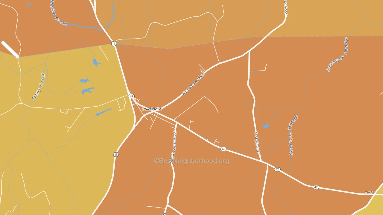 Map of the best neighborhoods in the 27967 area, with better matches in green and worse matches in red