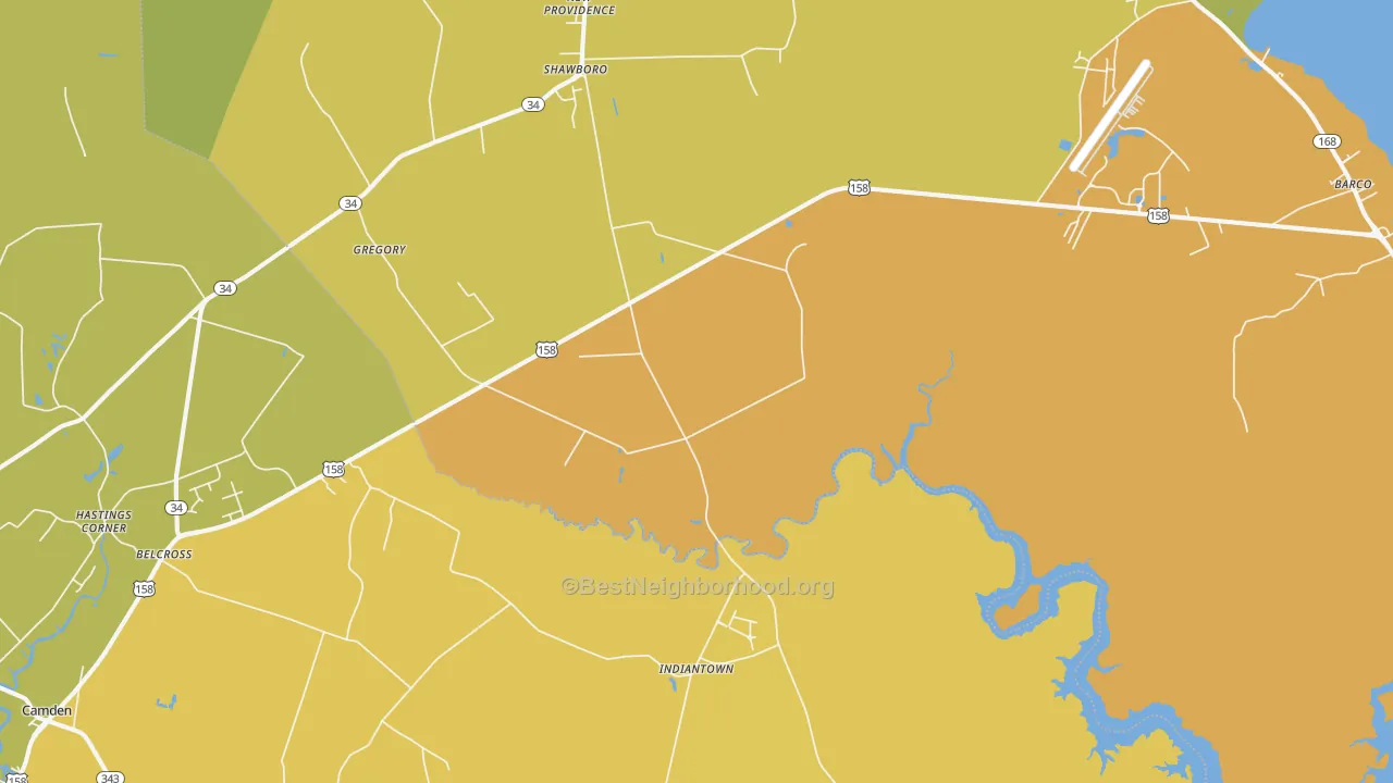 Map of the best neighborhoods in the 27973 area, with better matches in green and worse matches in red