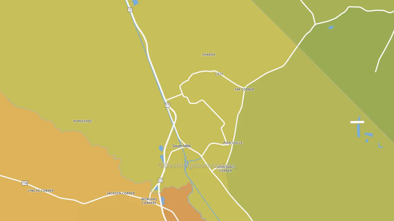 Map of the best neighborhoods in the 27976 area, with better matches in green and worse matches in red