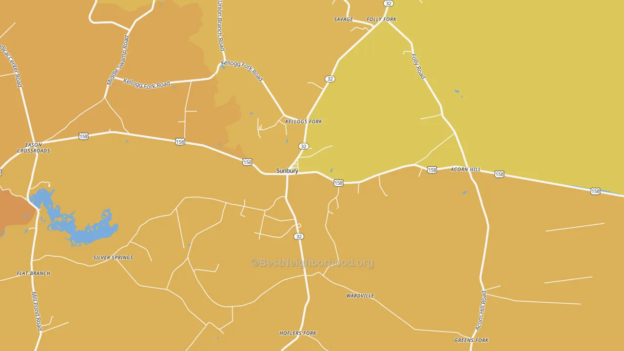 Map of the best neighborhoods in the 27979 area, with better matches in green and worse matches in red