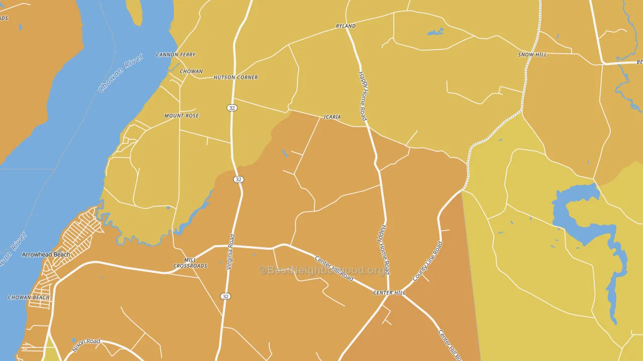 Map of the best neighborhoods in the 27980 area, with better matches in green and worse matches in red