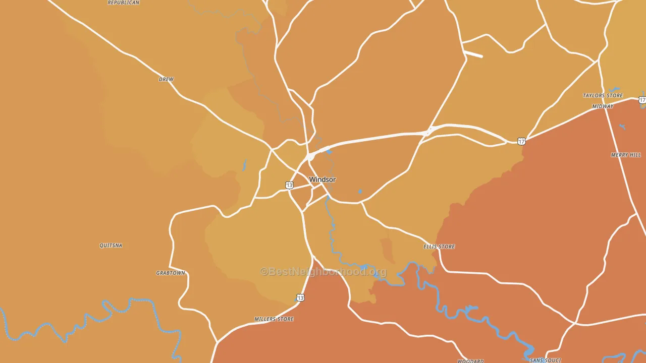 Map of the best neighborhoods in the 27983 area, with better matches in green and worse matches in red