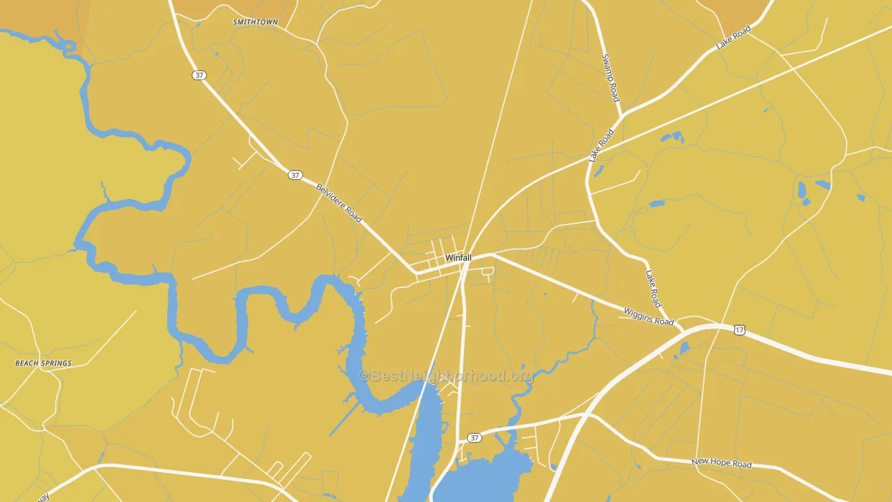 Map of the best neighborhoods in the 27985 area, with better matches in green and worse matches in red