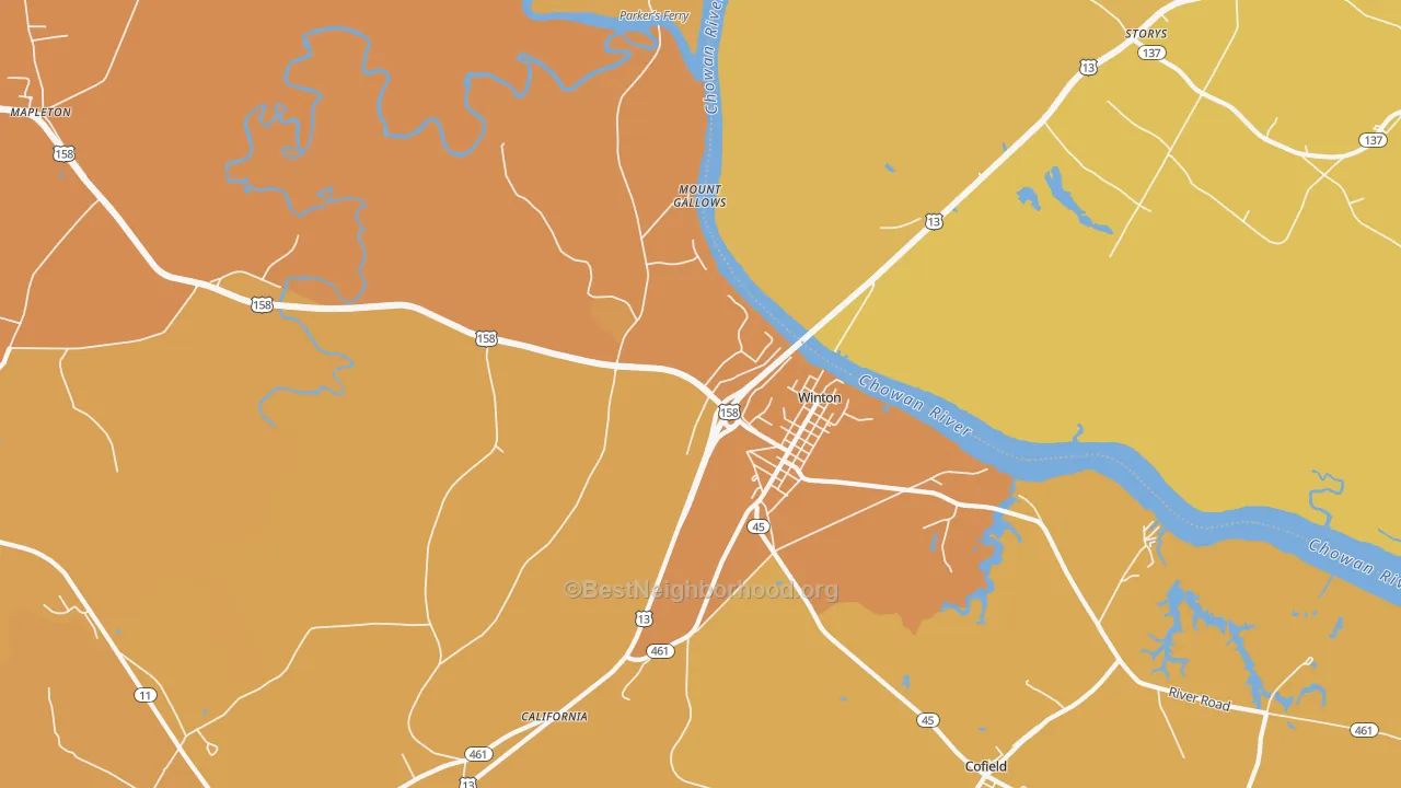 Map of the best neighborhoods in the 27986 area, with better matches in green and worse matches in red