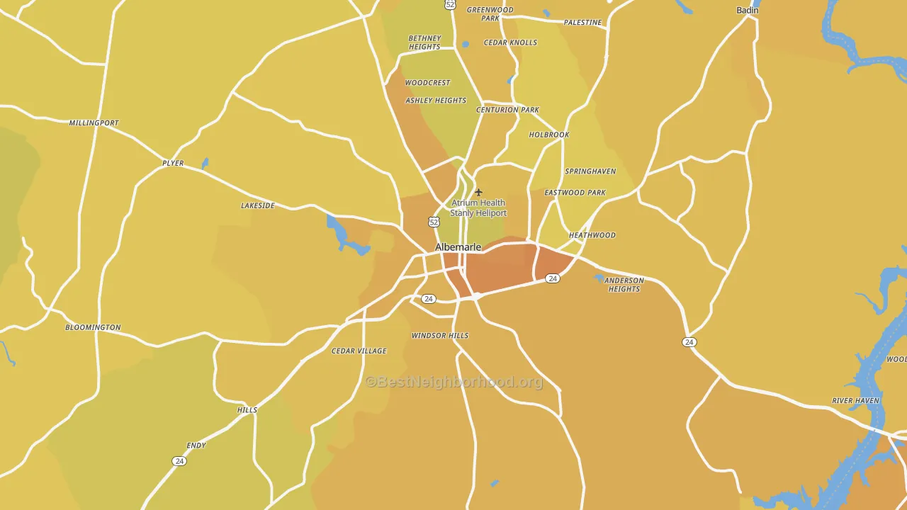 Map of the best neighborhoods in the 28001 area, with better matches in green and worse matches in red