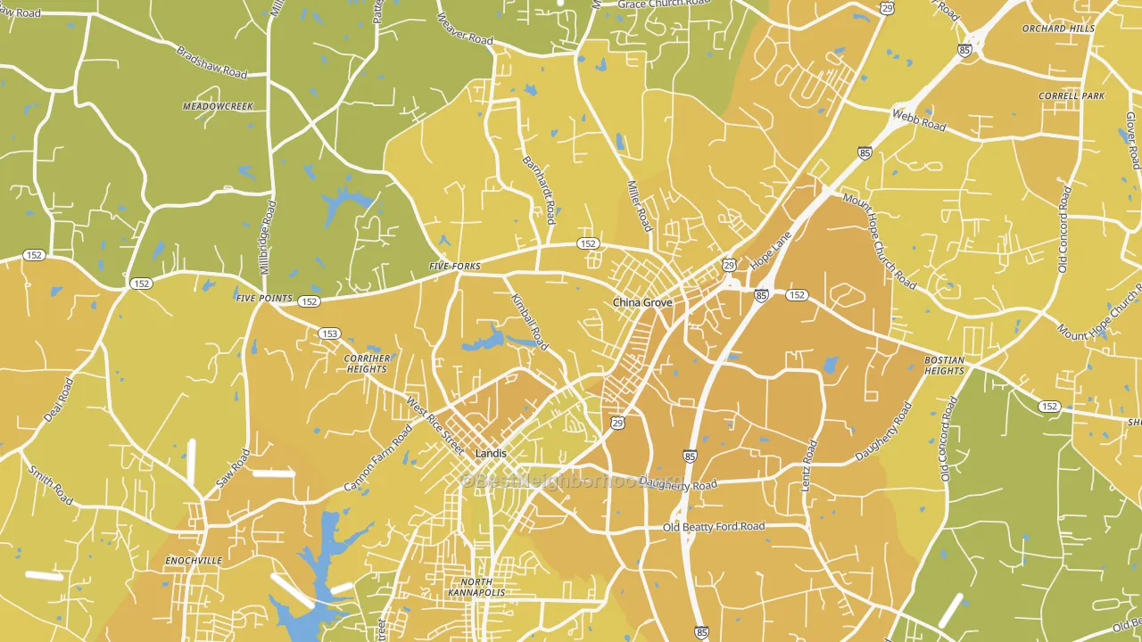 Map of the best neighborhoods in the 28023 area, with better matches in green and worse matches in red