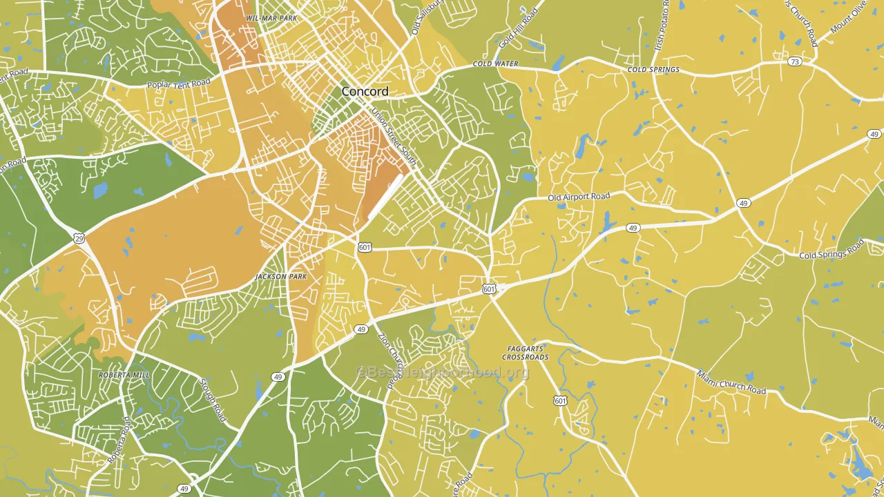 Map of the best neighborhoods in the 28025 area, with better matches in green and worse matches in red