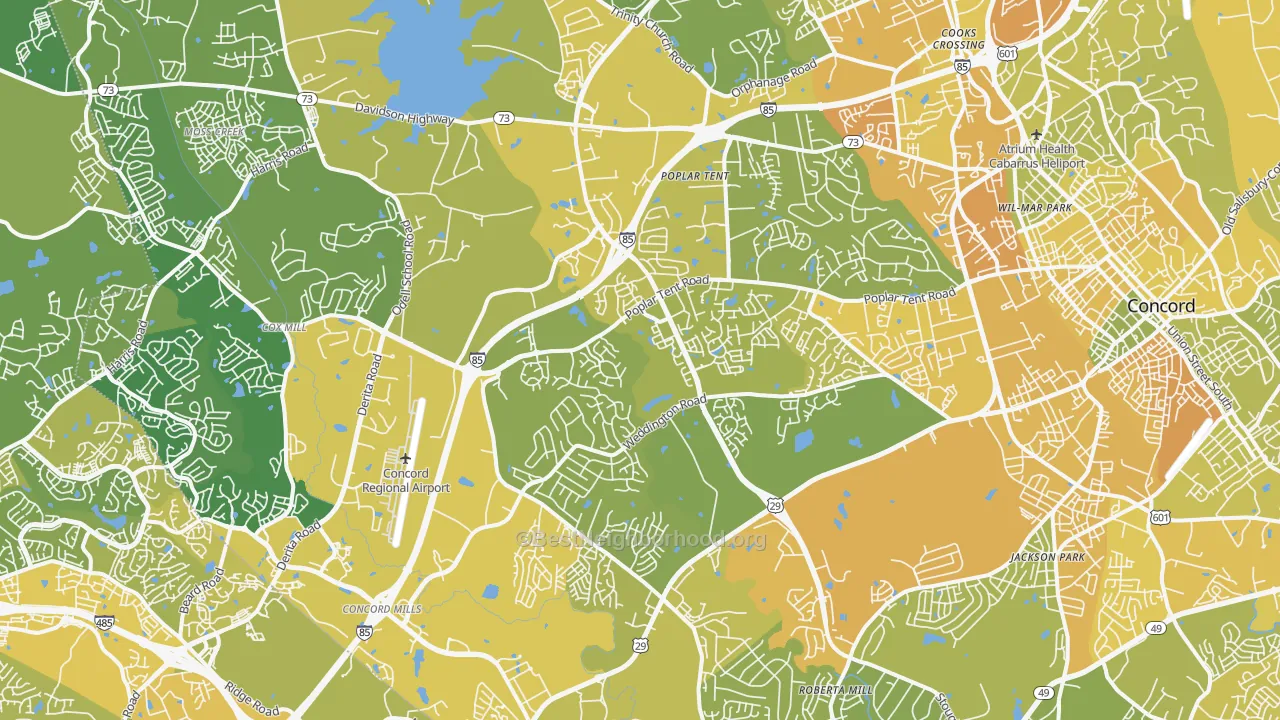 Map of the best neighborhoods in the 28027 area, with better matches in green and worse matches in red