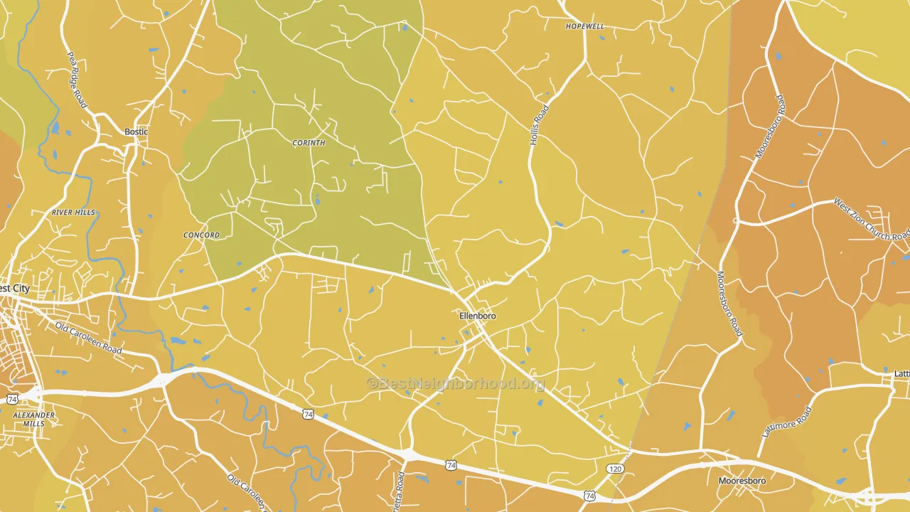 Map of the best neighborhoods in the 28040 area, with better matches in green and worse matches in red