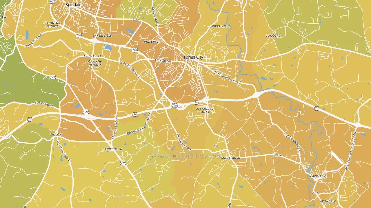 Map of the best neighborhoods in the 28043 area, with better matches in green and worse matches in red
