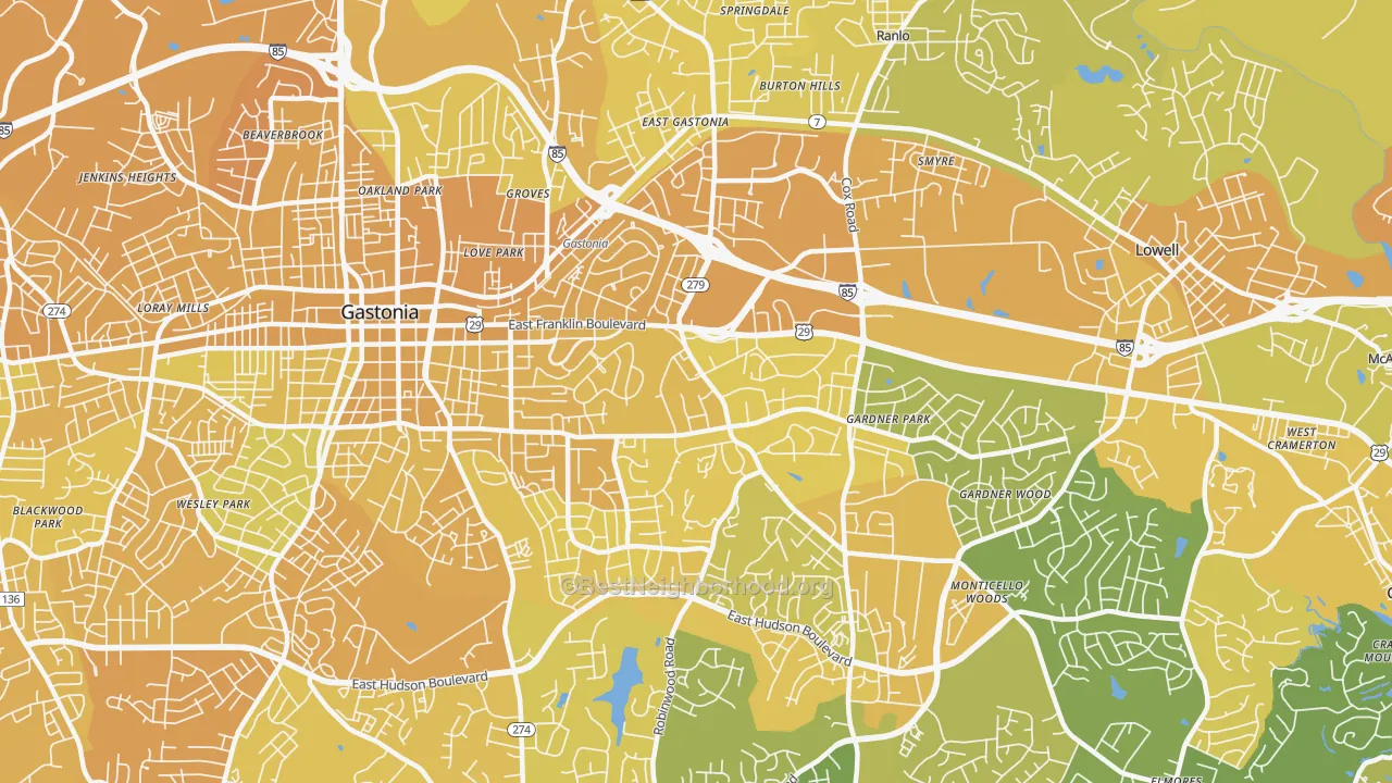 Map of the best neighborhoods in the 28054 area, with better matches in green and worse matches in red