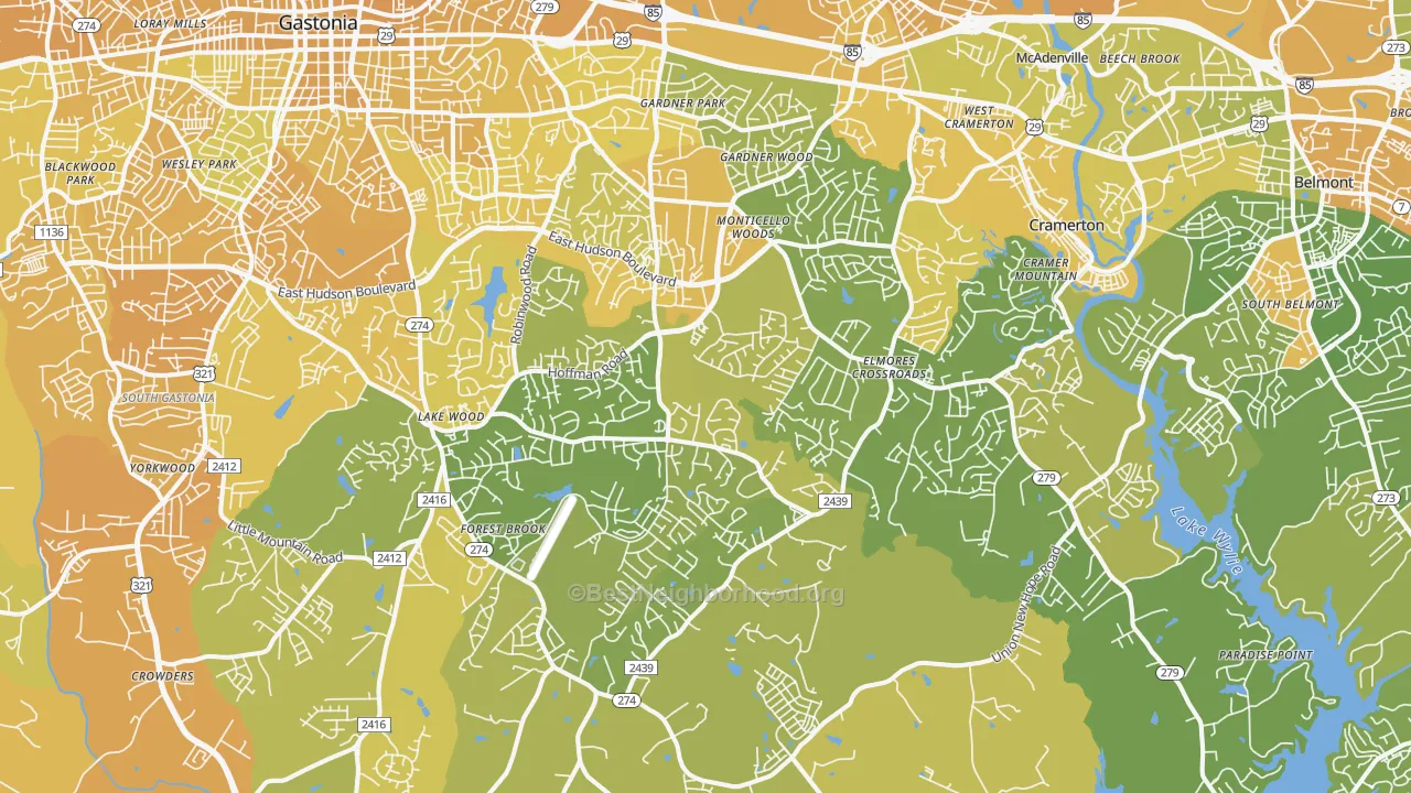 Map of the best neighborhoods in the 28056 area, with better matches in green and worse matches in red