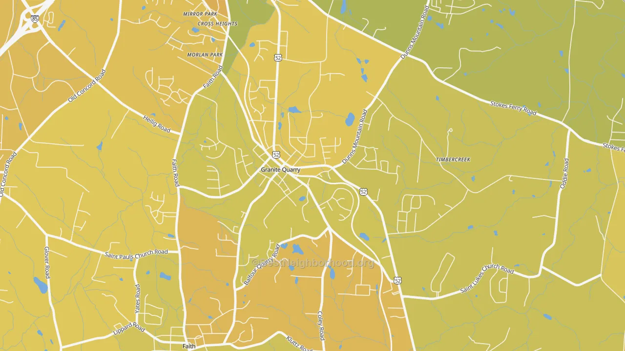 Map of the best neighborhoods in the 28072 area, with better matches in green and worse matches in red