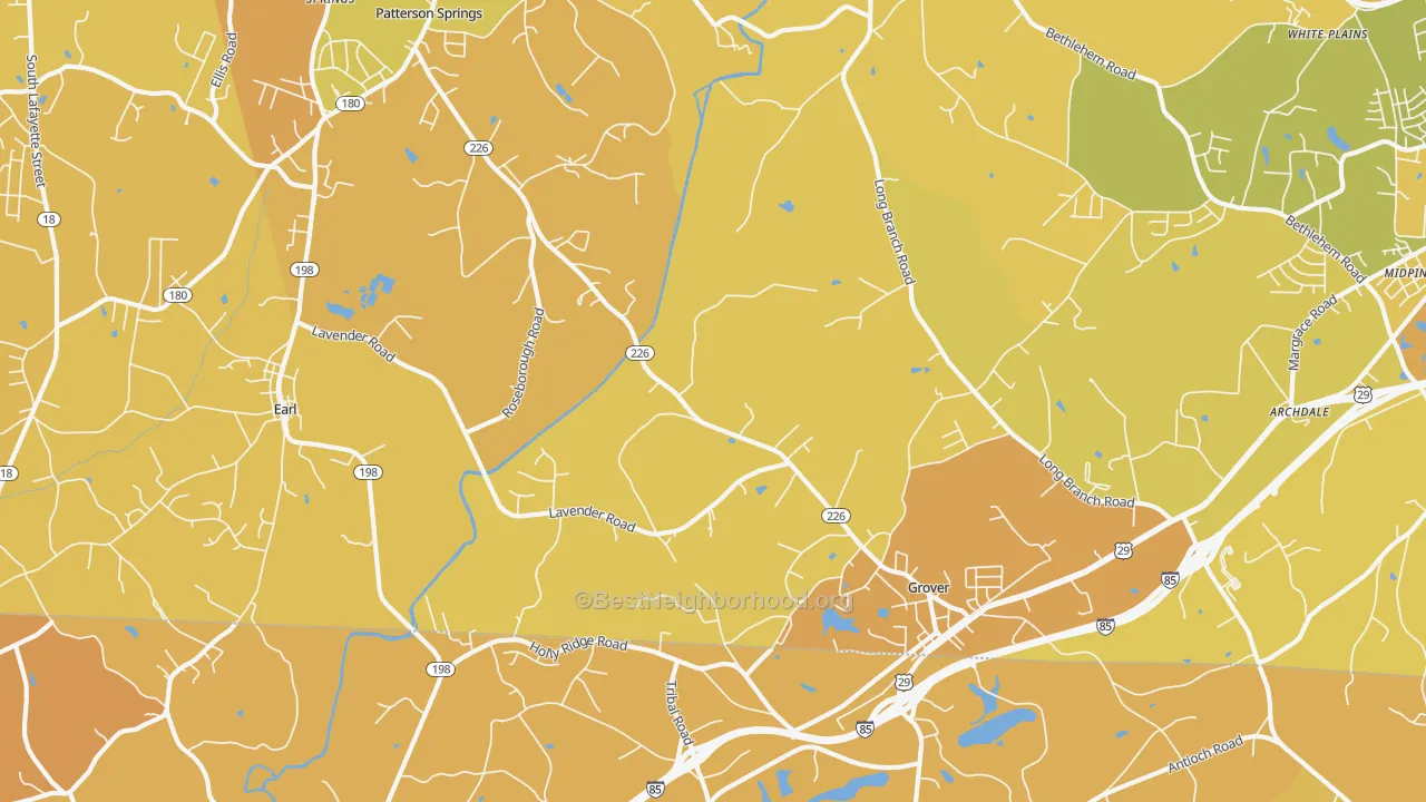 Map of the best neighborhoods in the 28073 area, with better matches in green and worse matches in red