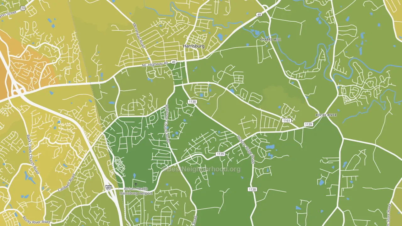 Map of the best neighborhoods in the 28075 area, with better matches in green and worse matches in red