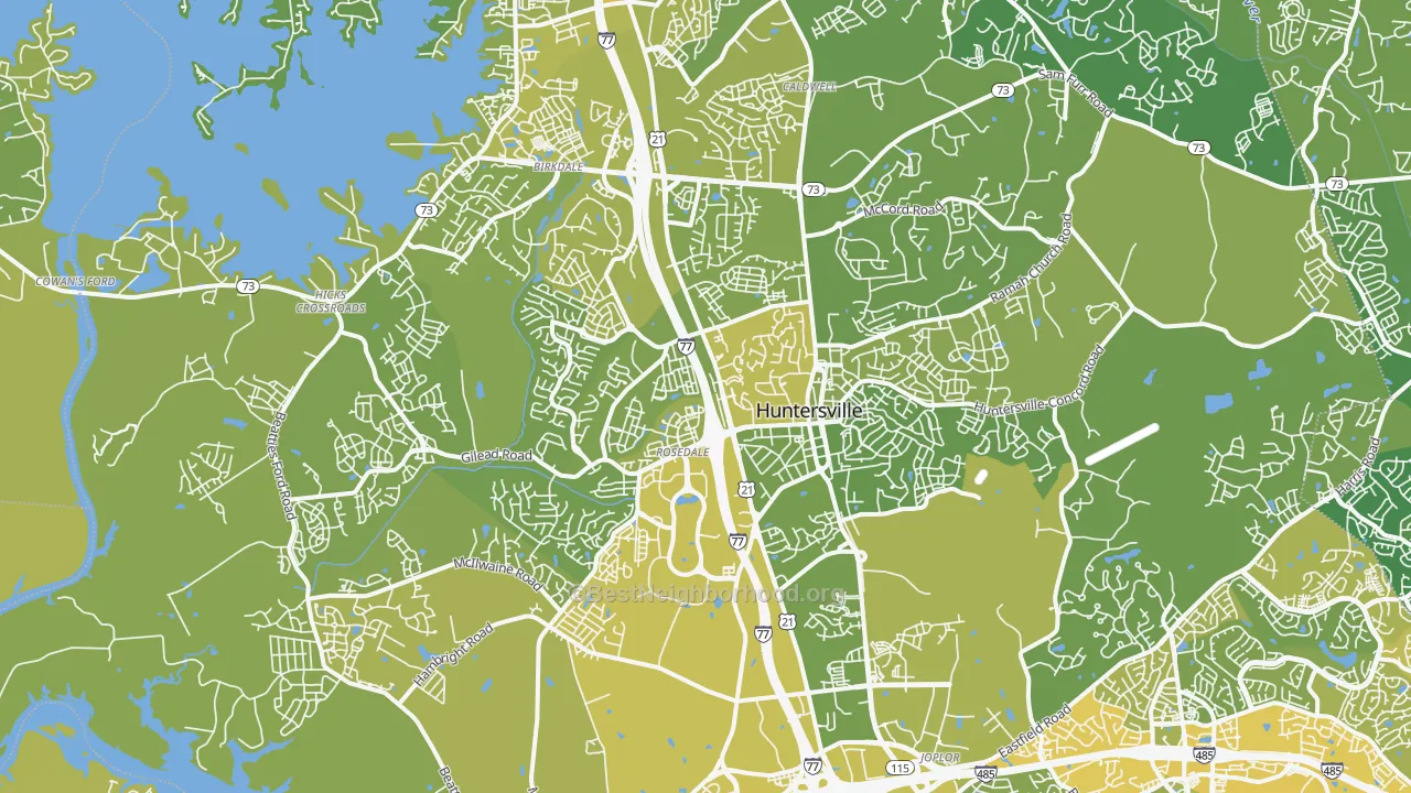 Map of the best neighborhoods in the 28078 area, with better matches in green and worse matches in red