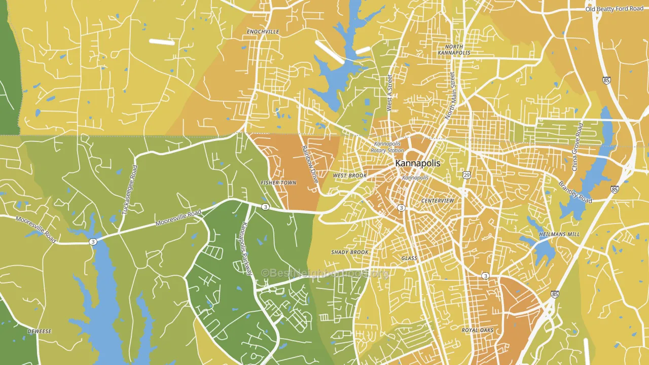 Map of the best neighborhoods in the 28081 area, with better matches in green and worse matches in red