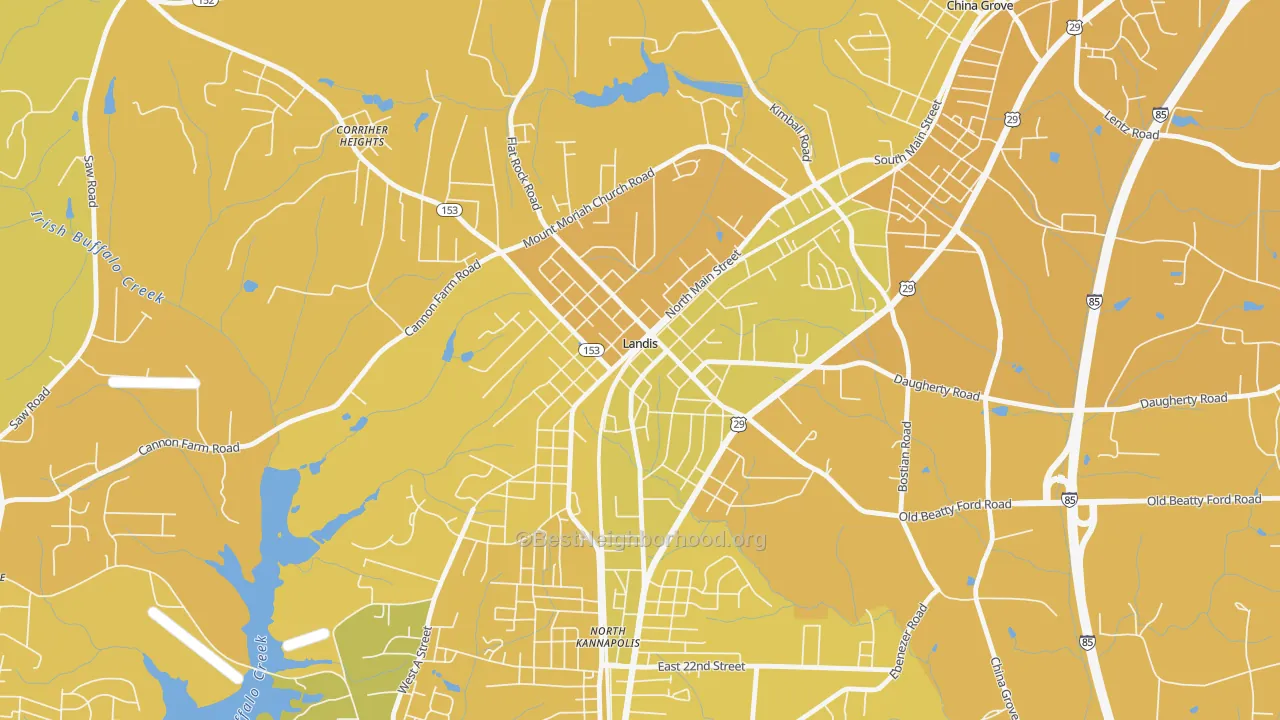 Map of the best neighborhoods in the 28088 area, with better matches in green and worse matches in red