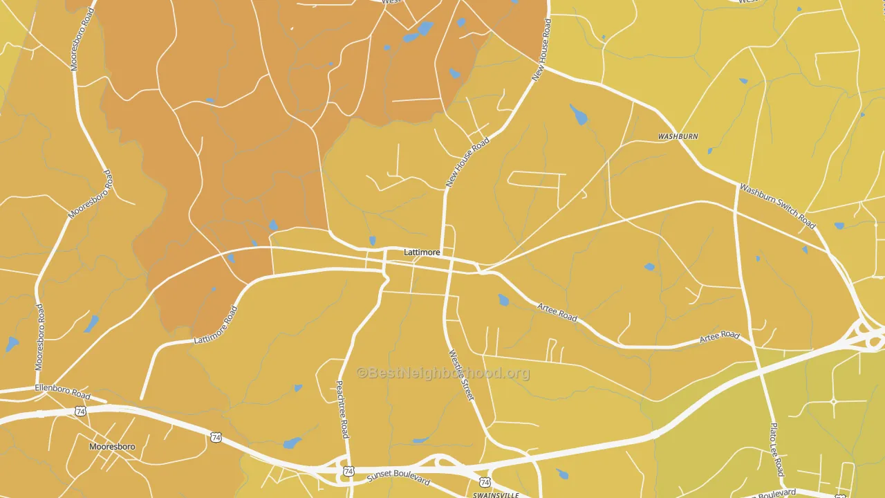 Map of the best neighborhoods in the 28089 area, with better matches in green and worse matches in red