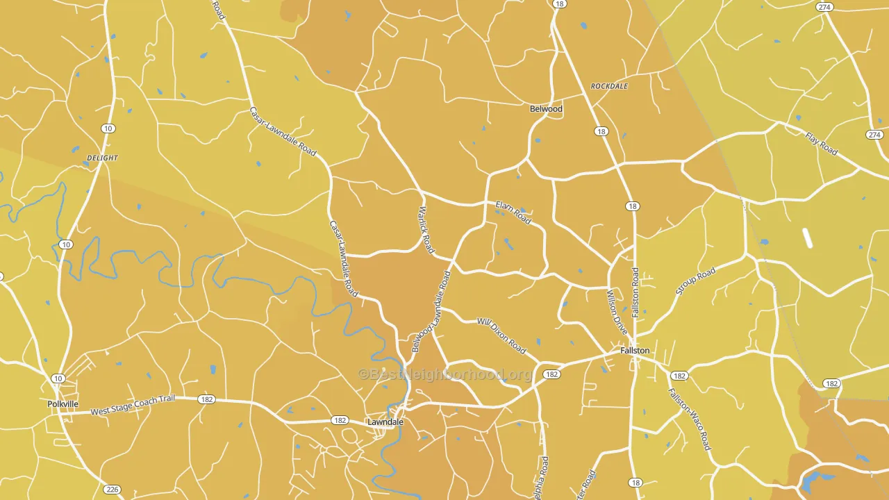 Map of the best neighborhoods in the 28090 area, with better matches in green and worse matches in red