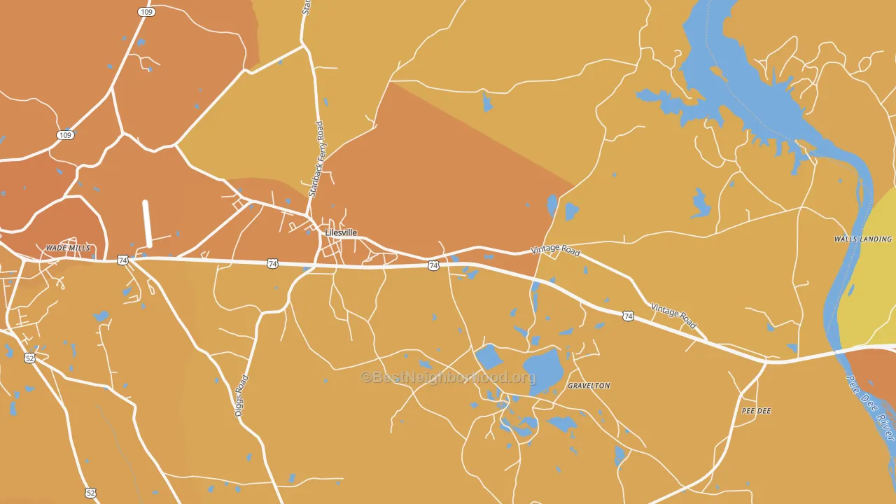 Map of the best neighborhoods in the 28091 area, with better matches in green and worse matches in red