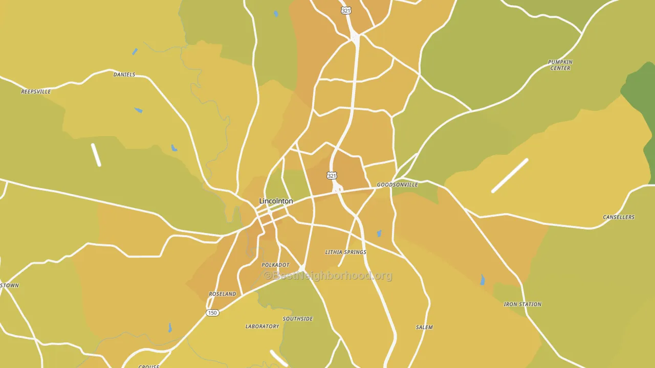 Map of the best neighborhoods in the 28092 area, with better matches in green and worse matches in red