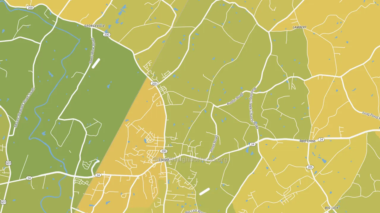 Map of the best neighborhoods in the 28097 area, with better matches in green and worse matches in red