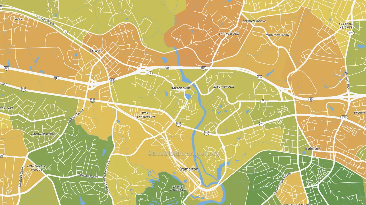Map of the best neighborhoods in the 28101 area, with better matches in green and worse matches in red