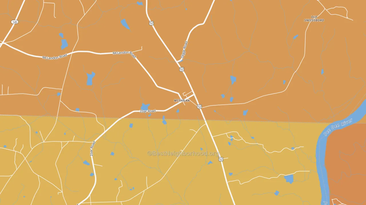 Map of the best neighborhoods in the 28102 area, with better matches in green and worse matches in red
