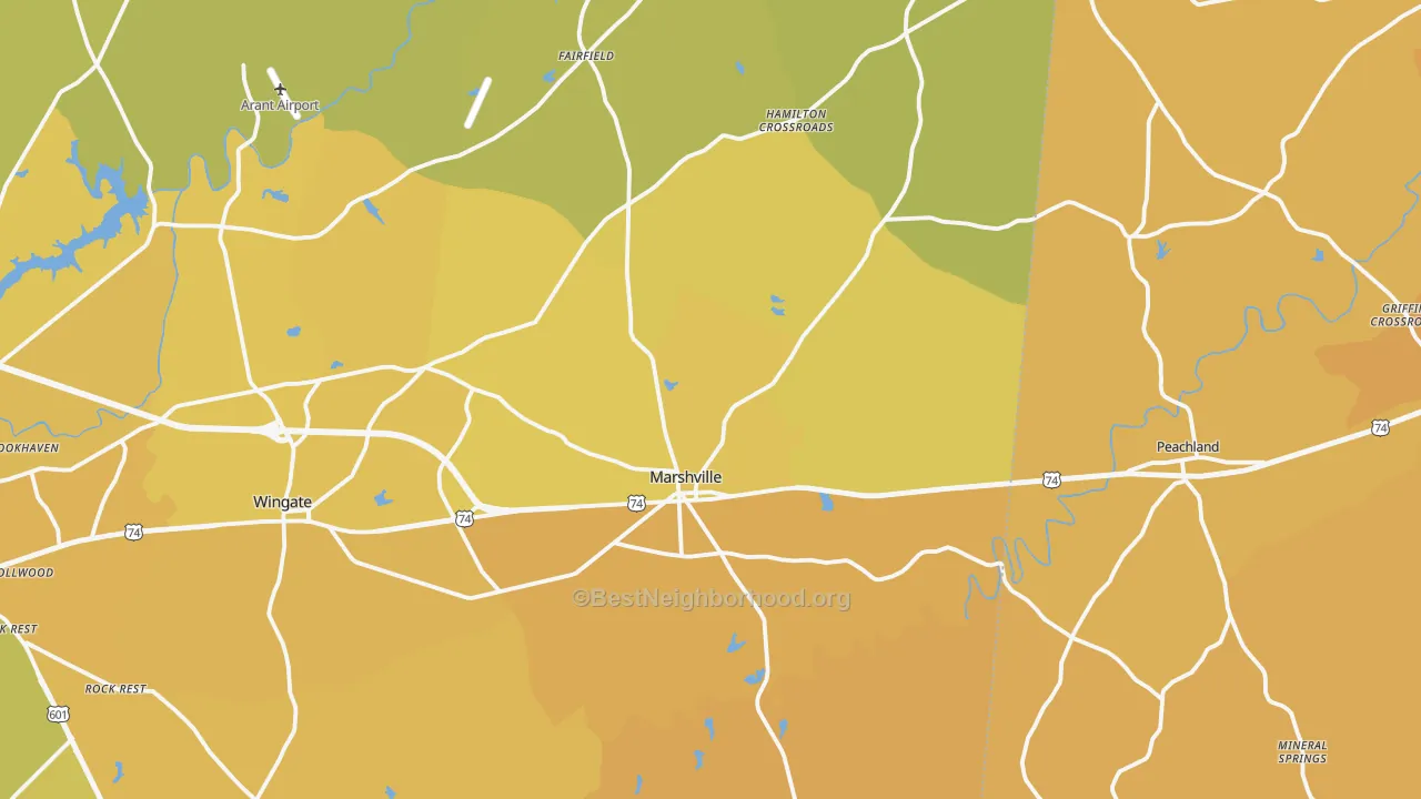 Map of the best neighborhoods in the 28103 area, with better matches in green and worse matches in red
