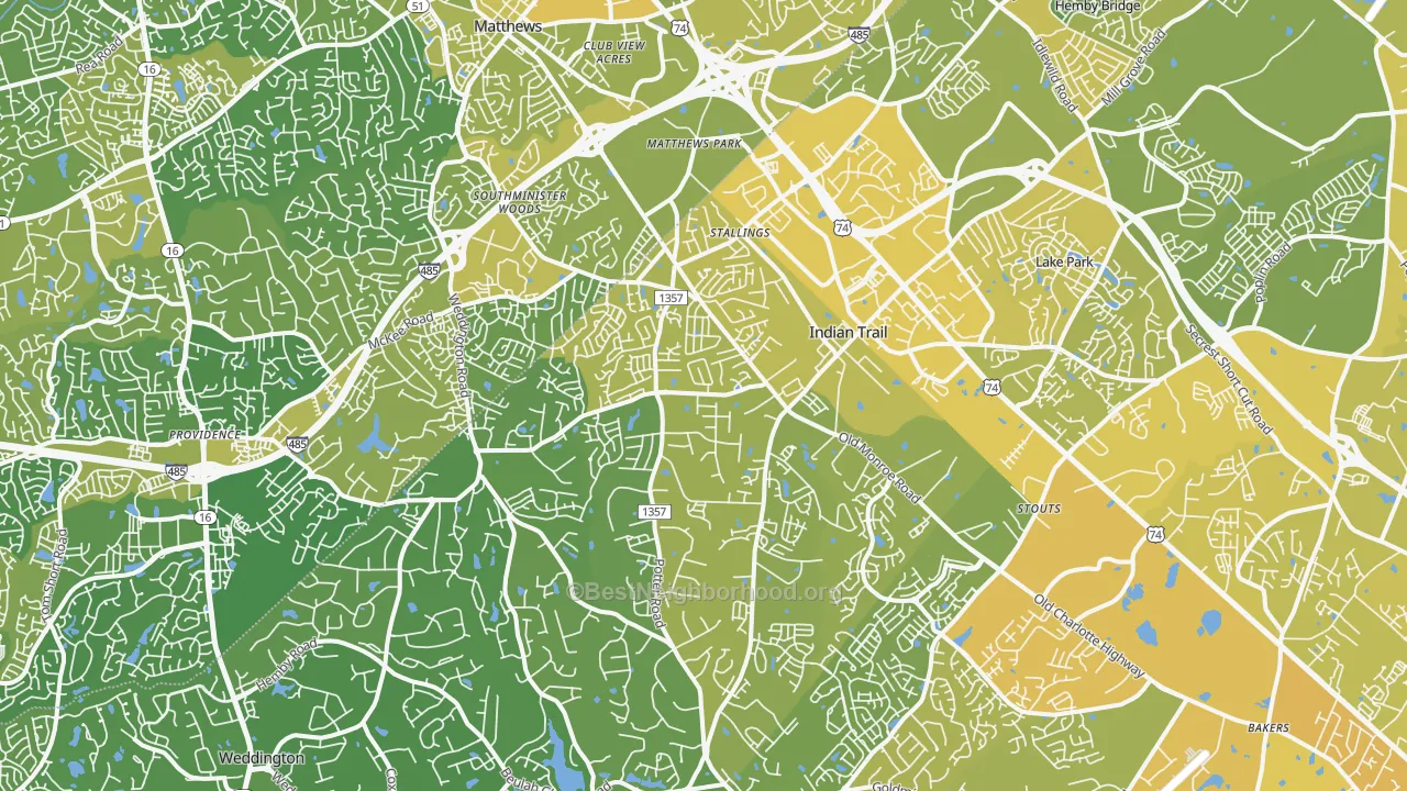 Map of the best neighborhoods in the 28104 area, with better matches in green and worse matches in red