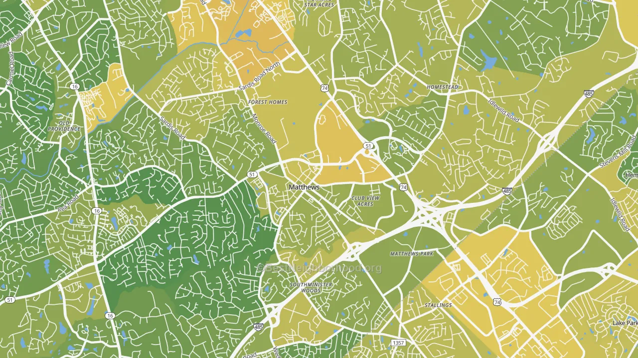 Map of the best neighborhoods in the 28105 area, with better matches in green and worse matches in red