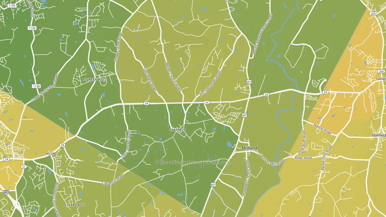 Map of the best neighborhoods in the 28107 area, with better matches in green and worse matches in red
