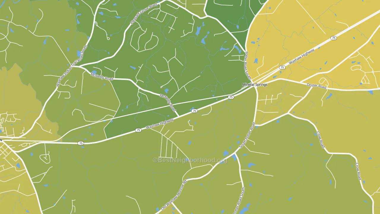 Map of the best neighborhoods in the 28108 area, with better matches in green and worse matches in red