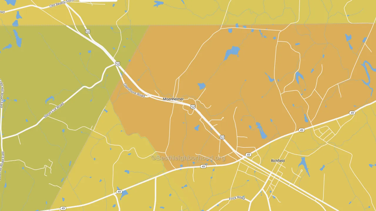 Map of the best neighborhoods in the 28109 area, with better matches in green and worse matches in red