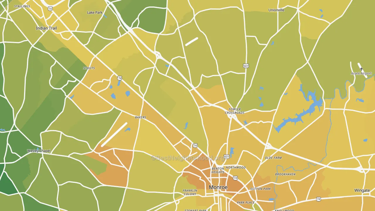 Map of the best neighborhoods in the 28110 area, with better matches in green and worse matches in red